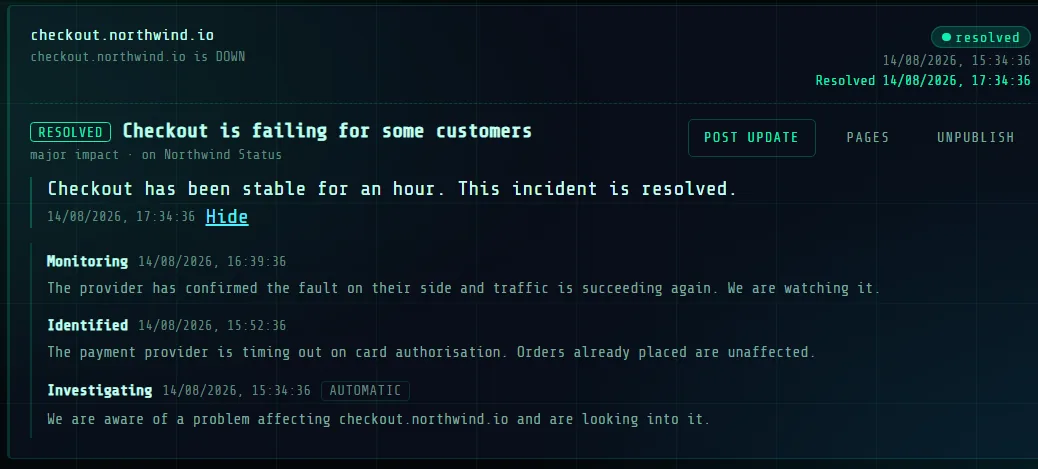 A published incident thread in PingFleet: investigating, identified, monitoring and resolved, each with a timestamp and text.
