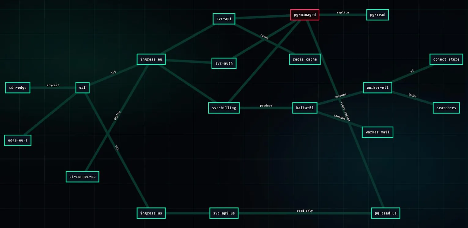 A PingFleet network map of a cloud estate: a CDN edge and WAF in front of an ingress per region, three services, a managed postgres shown in red with its read replica, redis, kafka with two workers, object storage and search.
