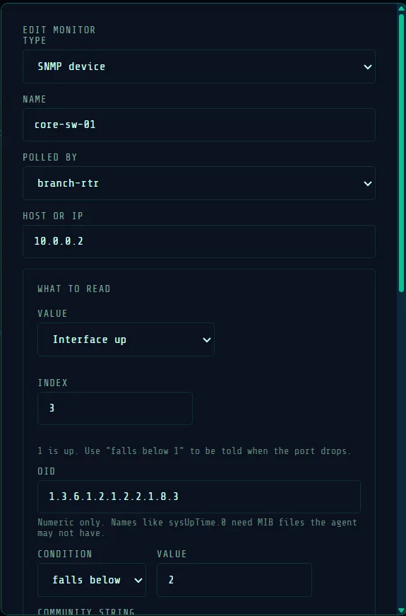 The SNMP monitor dialog in PingFleet: agent, host, a catalogue value, an OID and a threshold.