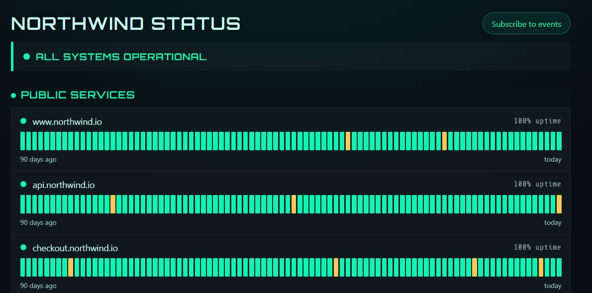 A PingFleet status page: three services, each with a 90-day uptime strip, and a subscribe button.